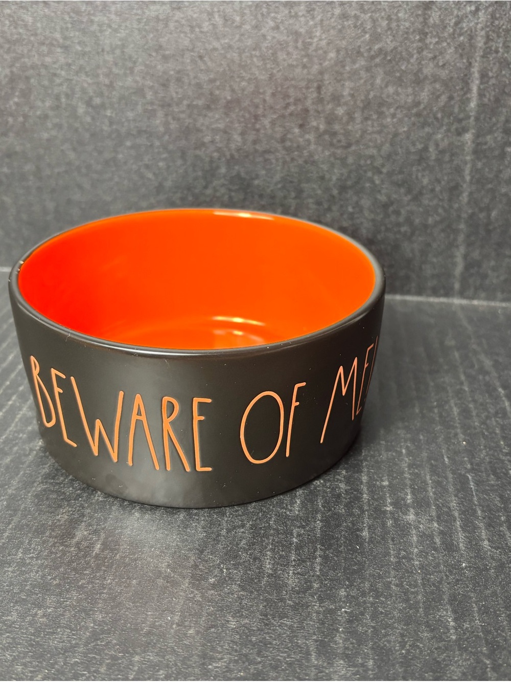 Rae Dunn Black Ceramic Pet Bowl with Orange Interior